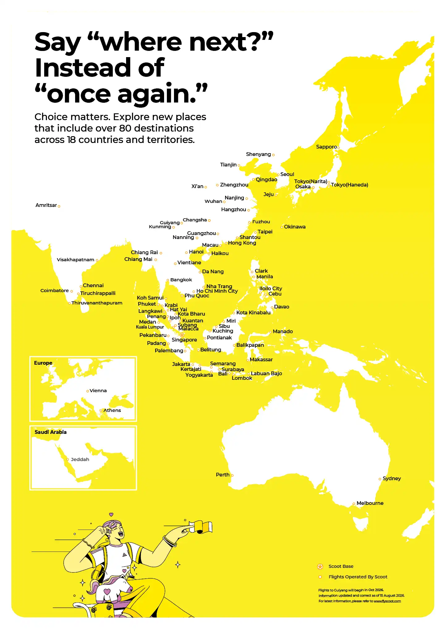 Scoot route map showing destinations across Asia, Australia, Europe and Saudi Arabia