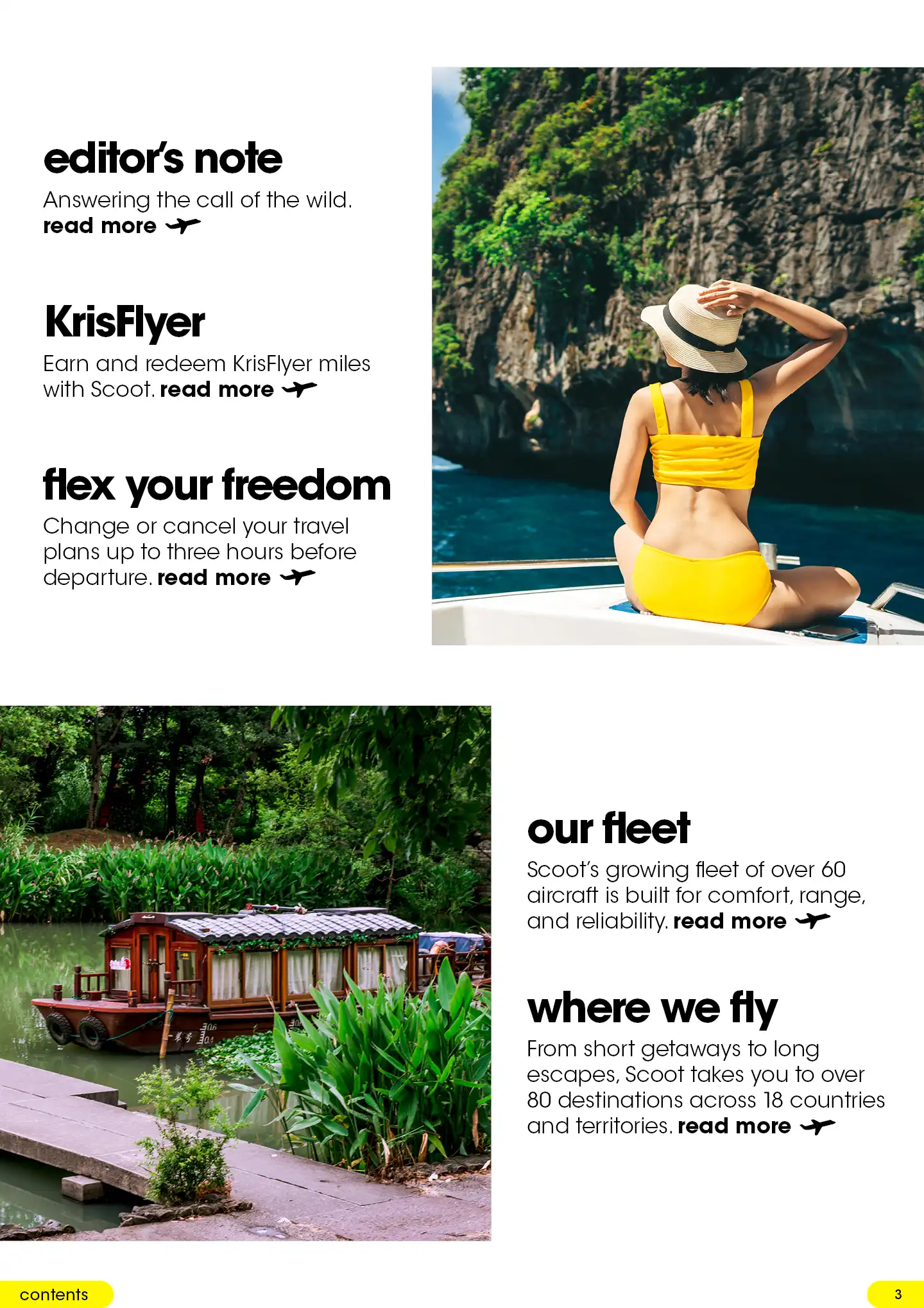 Contents page featuring travel highlights, rewards, flexibility and Scoot’s fleet