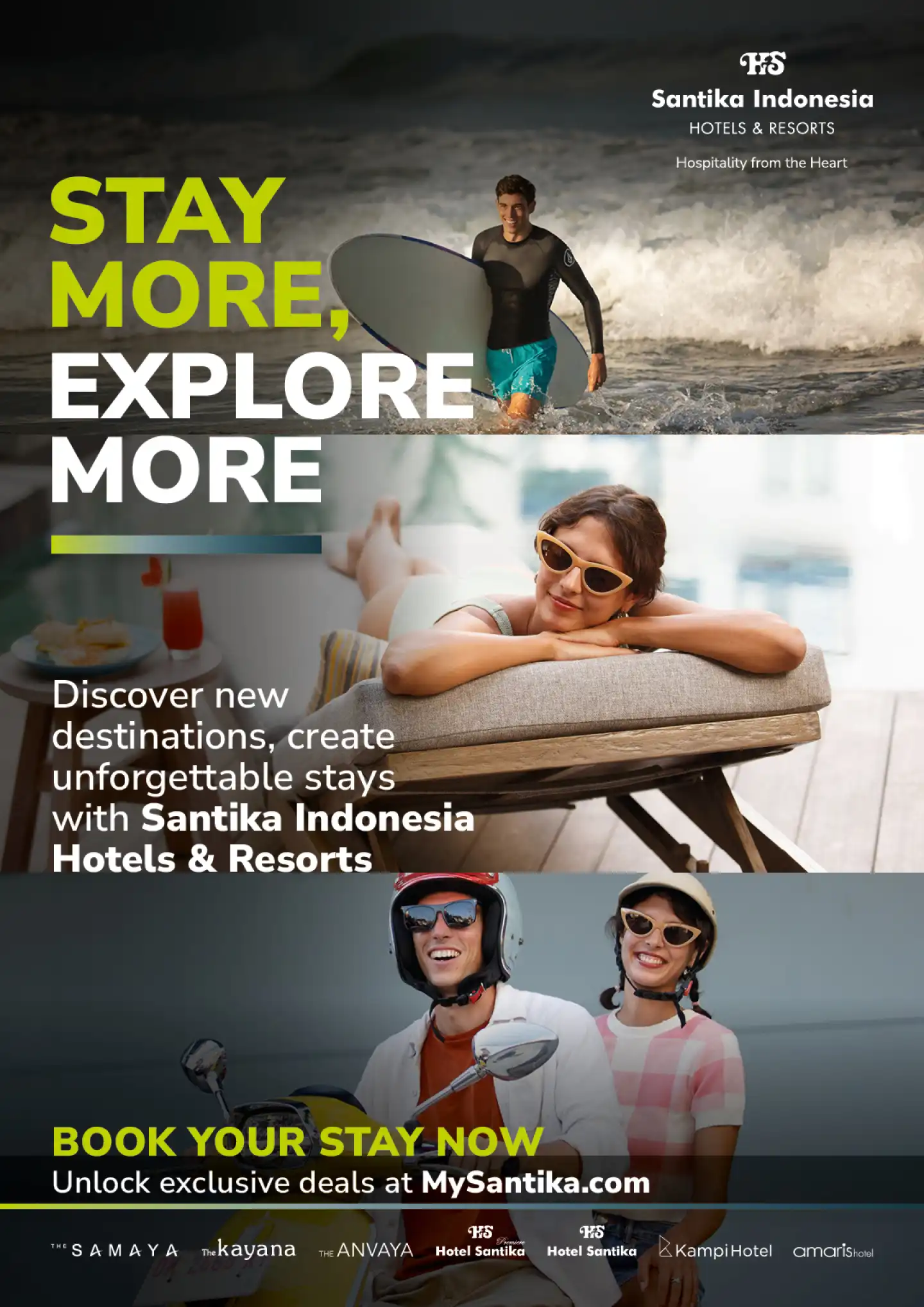 Santika Hotels and Resorts promotion featuring surfing, relaxation and Indonesian stays
