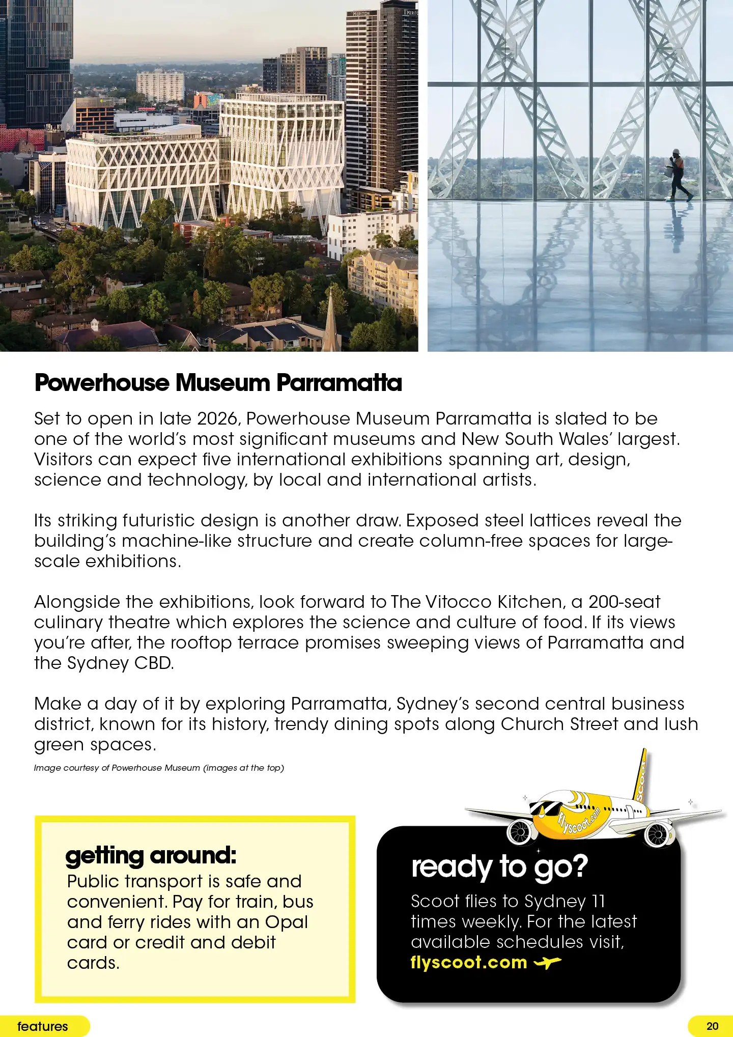 Sydney guide page on the Powerhouse Museum Parramatta with exterior and interior photos; includes a “getting around” box and Scoot flights panel.
