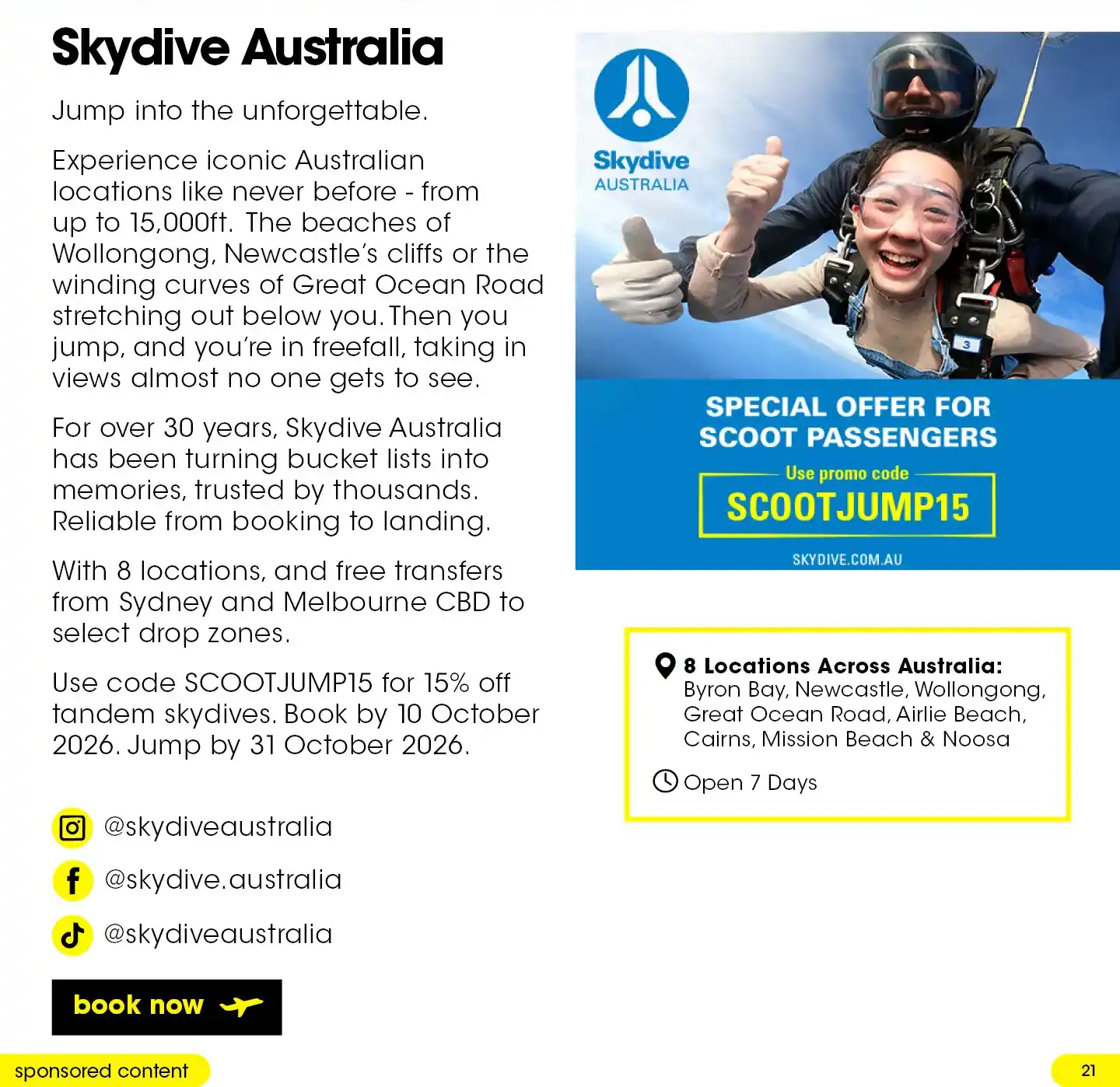 Advertisement for Skydive Australia with tandem skydiving photos, promo code “SCOOTJUMP15,” social handles, and a list of eight locations across Australia.