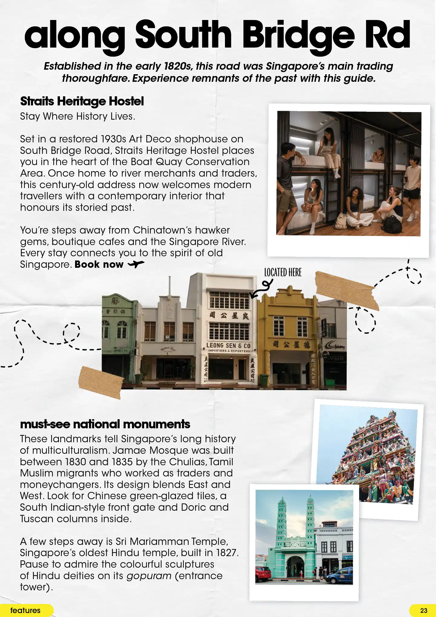 South Bridge Road guide page featuring Straits Heritage Hostel, restored shophouses and national monuments including Jamae Mosque and Sri Mariamman Temple.
