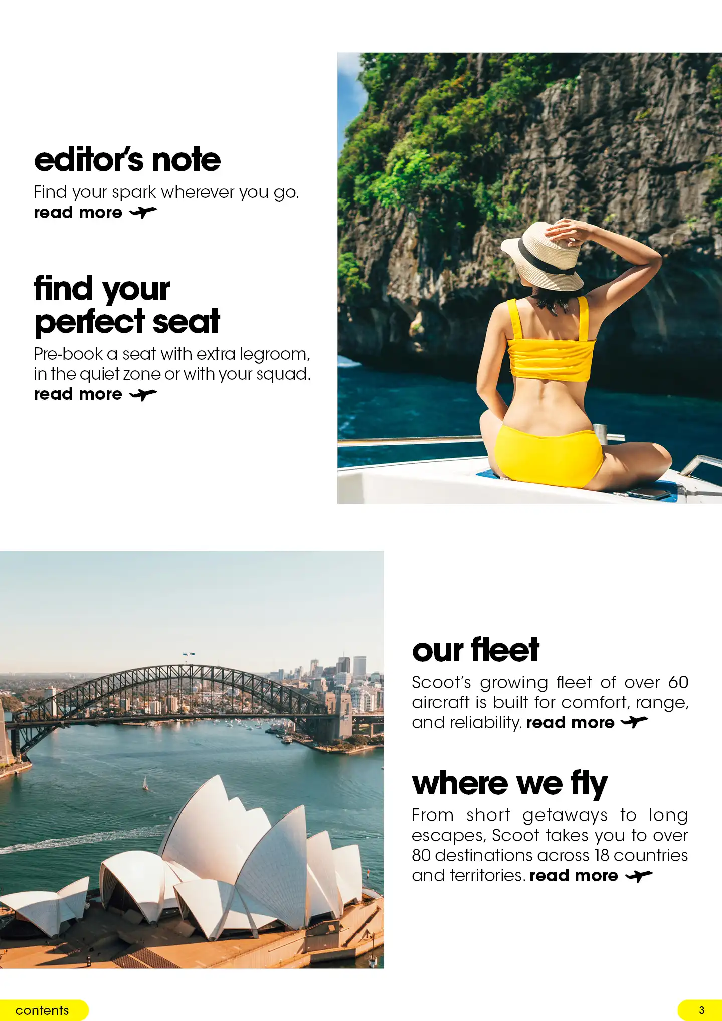 Contents page listing editor’s note, seat selection, fleet and route map; includes photos of a woman in yellow on a boat and the Sydney Opera House and Harbour Bridge.