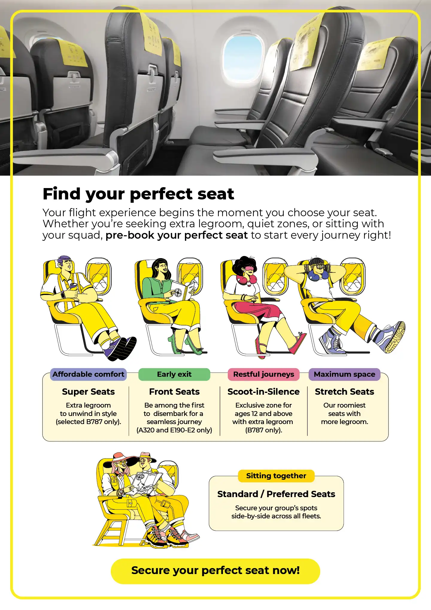 Scoot seat selection page showing aircraft seats and illustrated passenger seat types, highlighting Super Seats, Front Seats, Scoot-in-Silence, Stretch Seats, and Standard/Preferred Seats.