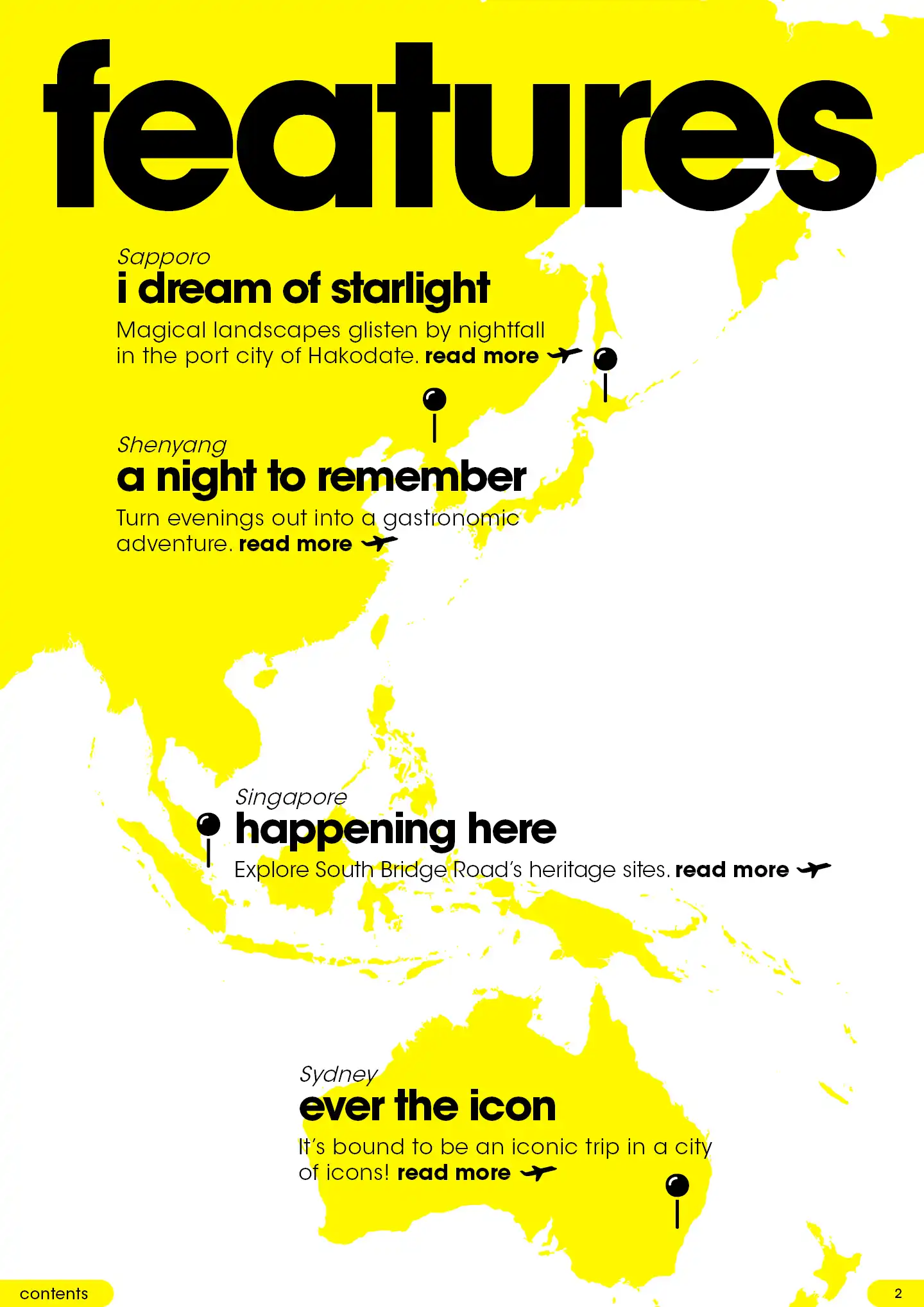 Contents page with a yellow Asia-Pacific map highlighting feature destinations: Sapporo “I dream of starlight,” Shenyang “A night to remember,” Singapore “Happening here,” and Sydney “Ever the icon.”