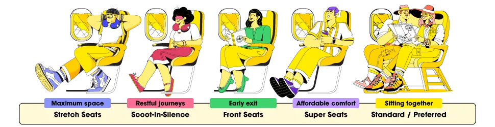 Comparison of Scoot seat types showing Stretch Seats, Scoot-in-Silence, Front Seats, Super Seats, and Standard or Preferred Seats