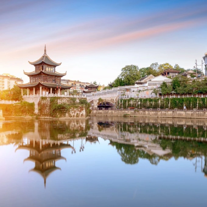 Jiaxiu Pavilion in Guiyang at sunset timing